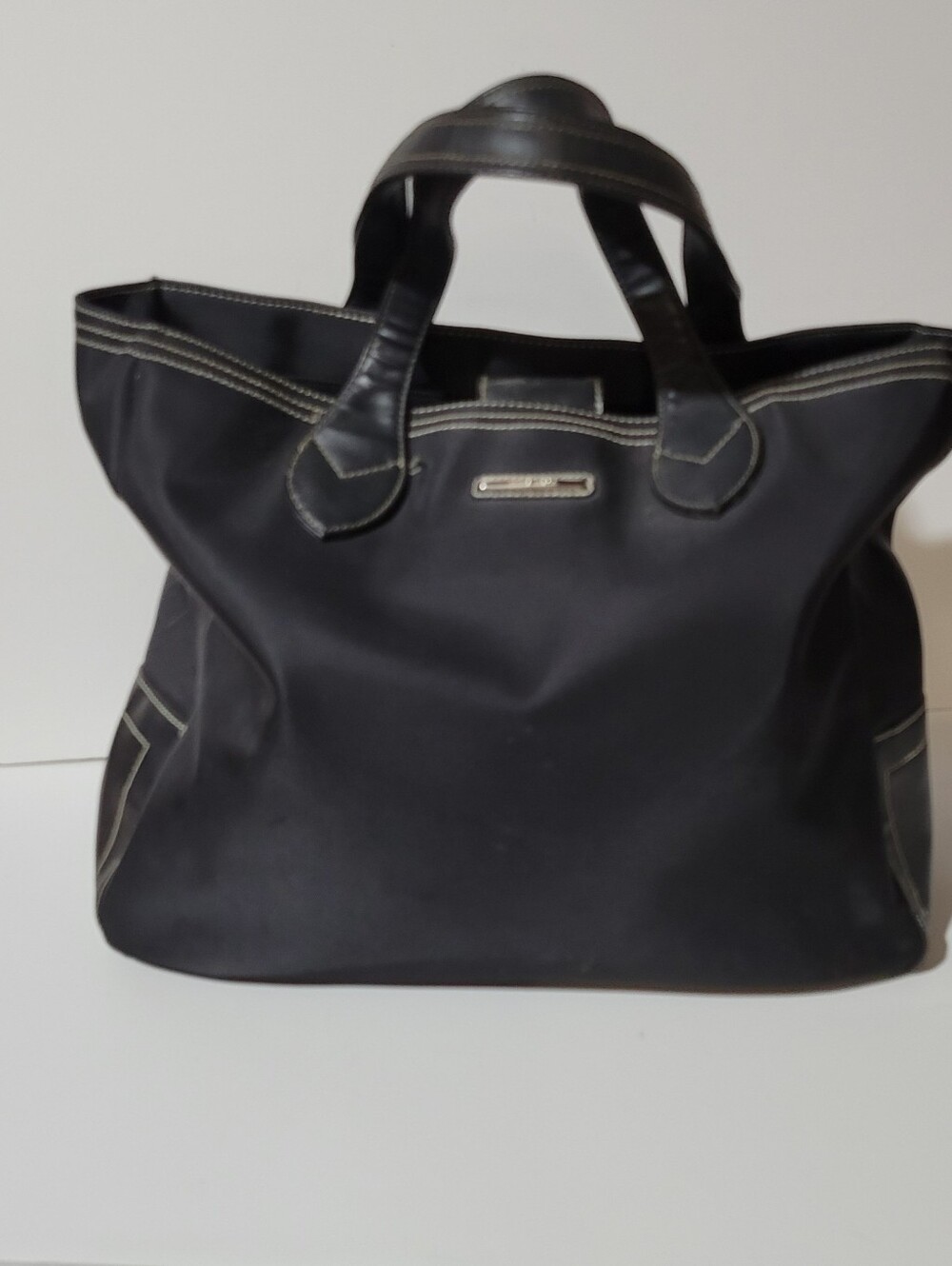 Vtg Nine West Large Black Nylon Tote w/ Faux Leather Trim & White Top Stitching